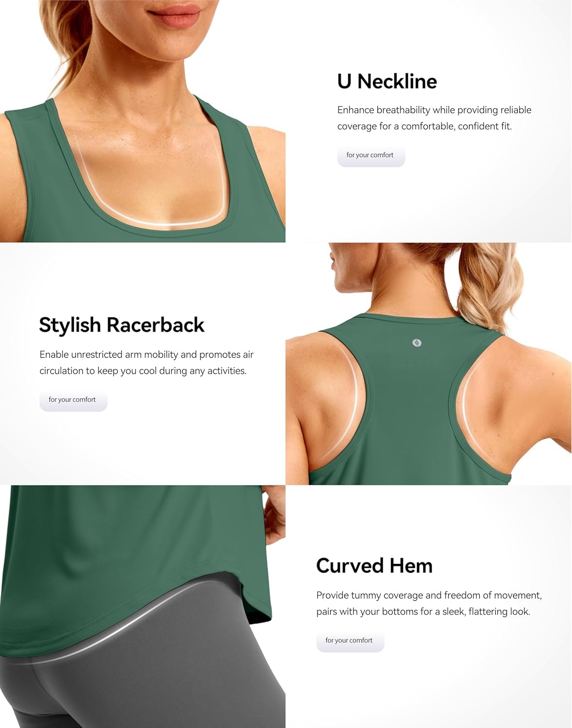 image:imageSANTINY Womens Racerback Workout Tops Lightweight Gym Yoga Tennis Sleeveless Shirts Scoop Neck Running Athletic Tank TopsDark Green