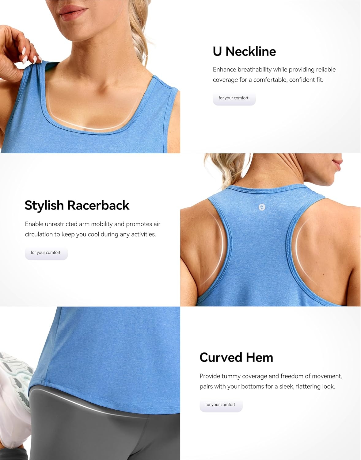image:imageSANTINY Womens Racerback Workout Tops Lightweight Gym Yoga Tennis Sleeveless Shirts Scoop Neck Running Athletic Tank TopsHeather Blue
