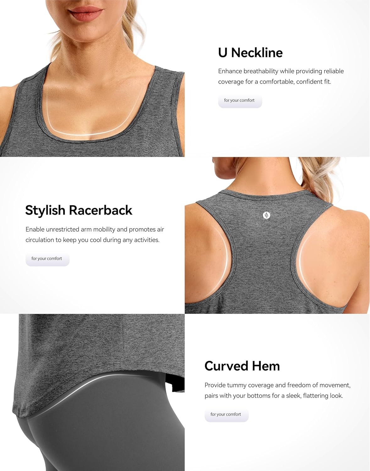 image:imageSANTINY Womens Racerback Workout Tops Lightweight Gym Yoga Tennis Sleeveless Shirts Scoop Neck Running Athletic Tank TopsHeather Charcoal