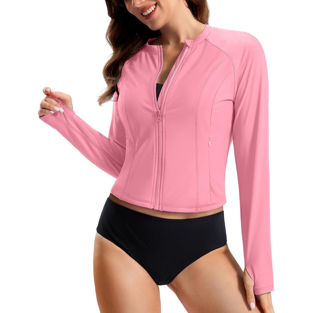 image:imageSANTINY Cropped Rash Guard Women Swimsuits with Zipper Pockets UPF50 Sun Protection Long Sleeve Swim Shirt Crop TopsPink