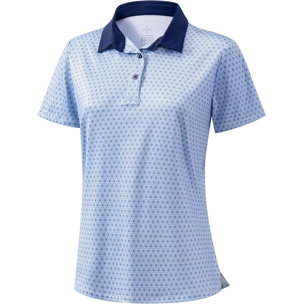 image:imageSANTINY Golf Polo Shirts for Women Short Sleeve Quick Dry 3 Buttons Collared Pickleball Shirt Summer Golf Tennis TopsBlue Geo Printed