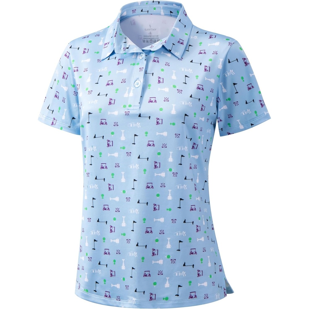 image:imageSANTINY Golf Polo Shirts for Women Short Sleeve Quick Dry 3 Buttons Collared Pickleball Shirt Summer Golf Tennis TopsBlue Golf Elements