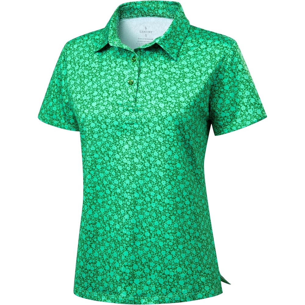 image:imageSANTINY Golf Polo Shirts for Women Short Sleeve Quick Dry 3 Buttons Collared Pickleball Shirt Summer Golf Tennis TopsGreen Floral