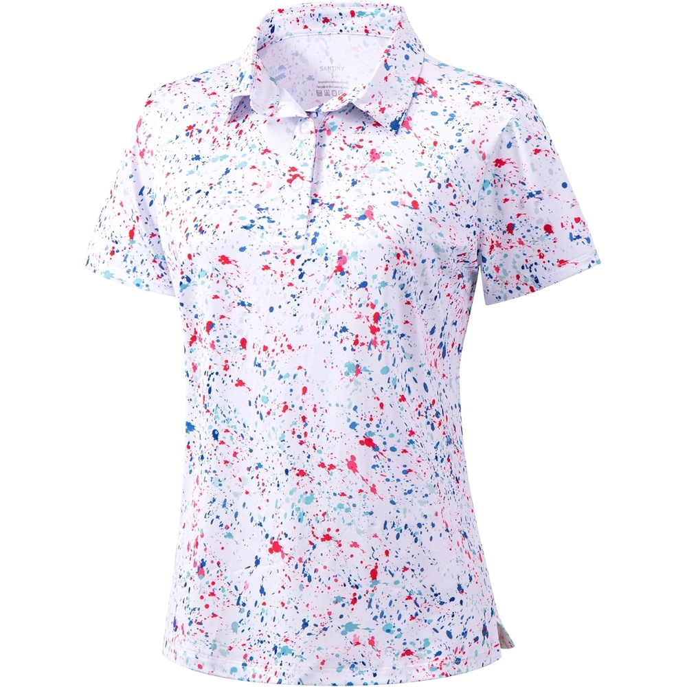 image:imageSANTINY Golf Polo Shirts for Women Short Sleeve Quick Dry 3 Buttons Collared Pickleball Shirt Summer Golf Tennis TopsWhite Paint Splatter
