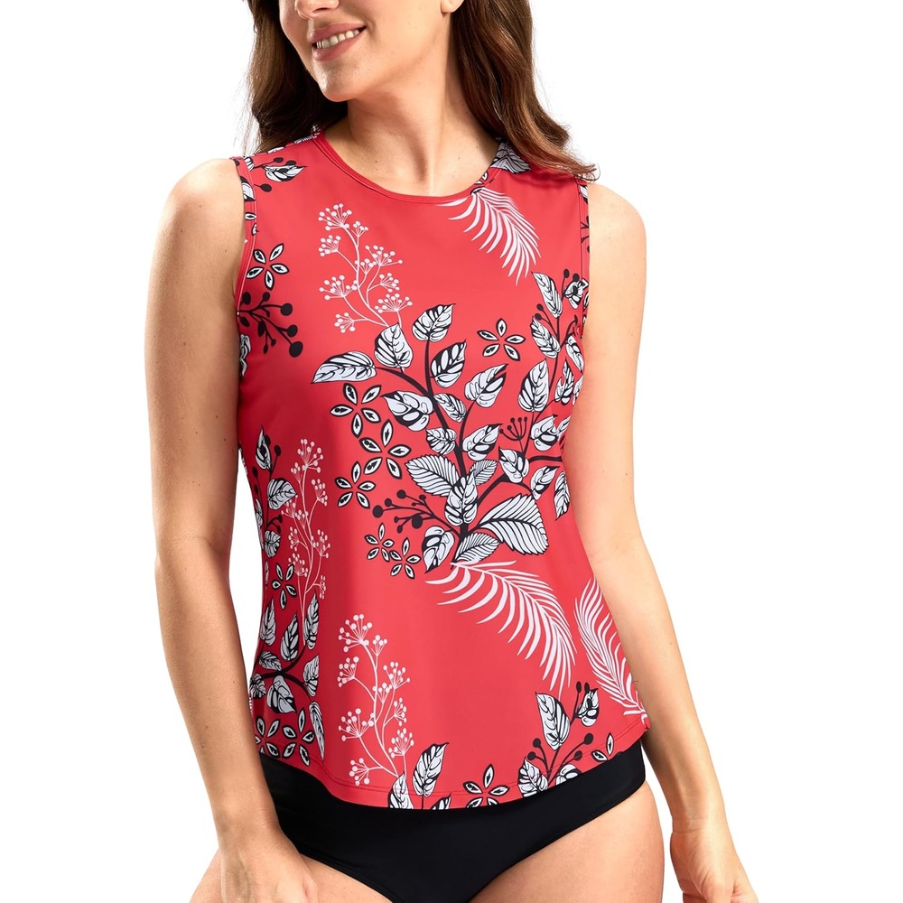 image:imageSANTINY Sleeveless Rash Guard for Women UPF 50 Modest Swimsuit Quick Dry High Neck Bathing Suit Swim Top Swim TankRed Flower