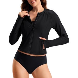 SANTINY Cropped Rash Guard Women Swimsuits with Zipper Pockets UPF50+ Sun Protection Long Sleeve Swim Shirt Crop Tops(Black)