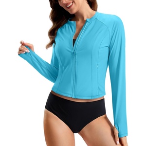 SANTINY Cropped Rash Guard Women Swimsuits with Zipper Pockets UPF50+ Sun Protection Long Sleeve Swim Shirt Crop Tops(Light Blue)