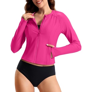SANTINY Cropped Rash Guard Women Swimsuits with Zipper Pockets UPF50+ Sun Protection Long Sleeve Swim Shirt Crop Tops(Rose)