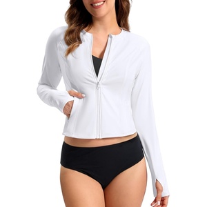 SANTINY Cropped Rash Guard Women Swimsuits with Zipper Pockets UPF50+ Sun Protection Long Sleeve Swim Shirt Crop Tops(White)