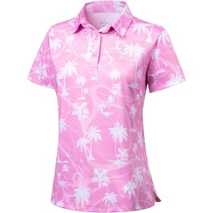 SANTINY Golf Polo Shirts for Women Short Sleeve Quick Dry 3 Buttons Collared Pickleball Shirt Summer Golf Tennis Tops(Pink Coconut Beach)