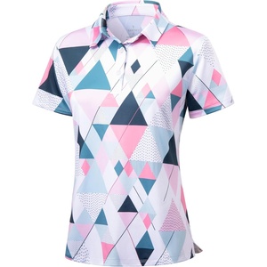 SANTINY Golf Polo Shirts for Women Short Sleeve Quick Dry 3 Buttons Collared Pickleball Shirt Summer Golf Tennis Tops(White & Pink Geo Printed)