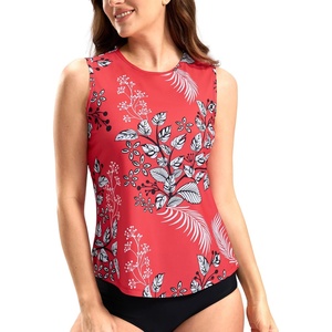 SANTINY Sleeveless Rash Guard for Women UPF 50+ Modest Swimsuit Quick Dry High Neck Bathing Suit Swim Top Swim Tank(Red Flower)