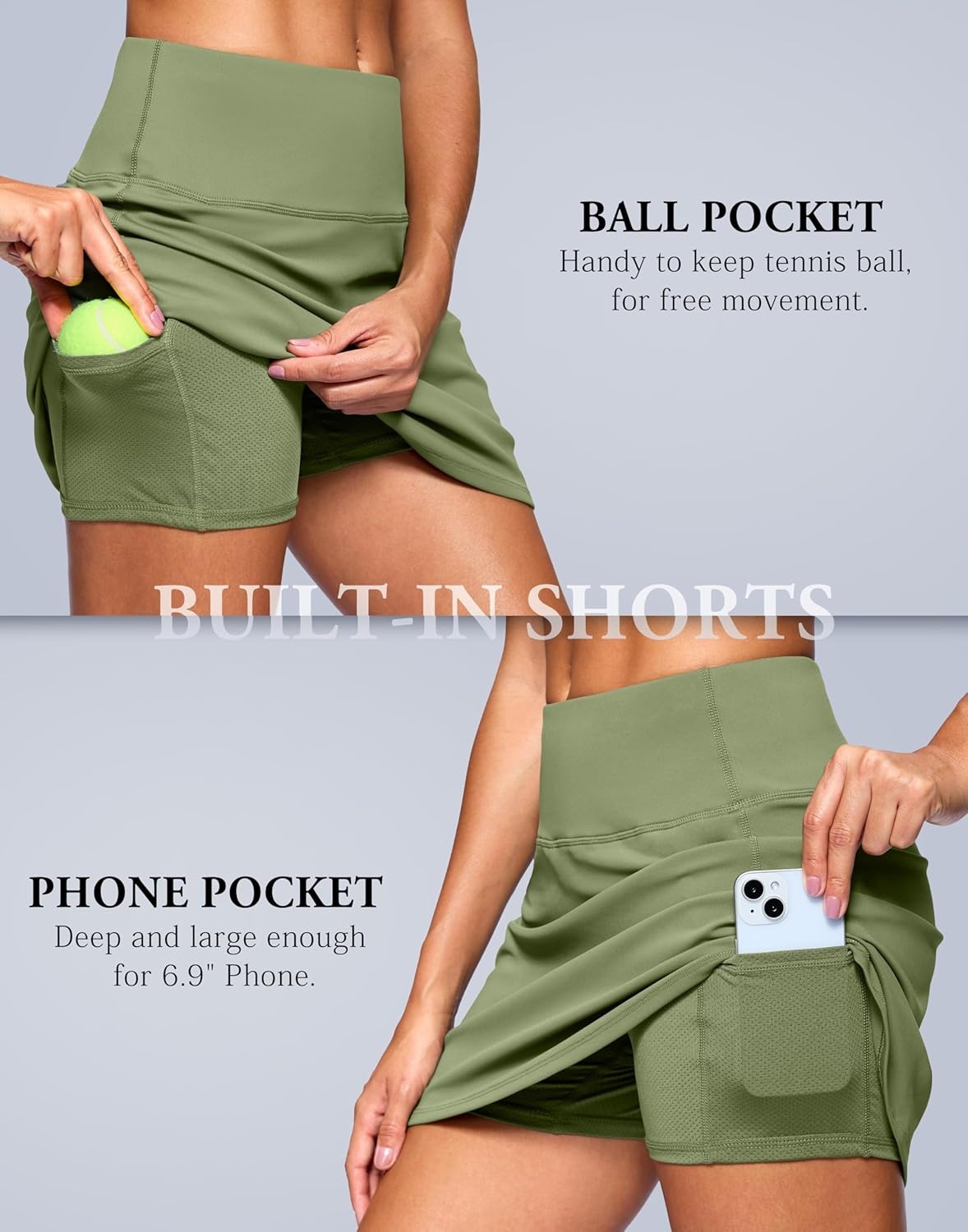 image:imageSANTINY 13515 Skorts for Women with 2 Pockets High Waisted A Line Casual Pickleball Golf Skort Athletic Tennis SkirtMoss Green