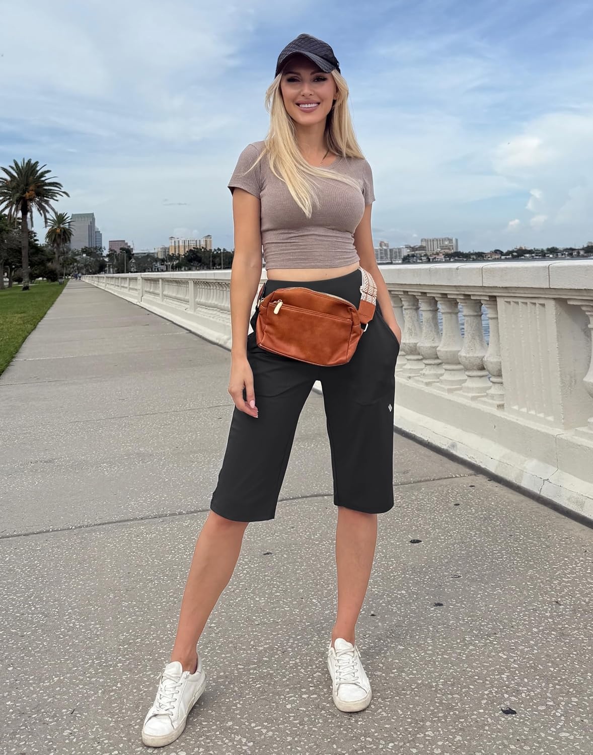 image:imageSANTINY 14 Shorts for Women Knee Length with Pockets High Waisted Stretch Long Bermuda Shorts for Summer Dressy CasualBlack