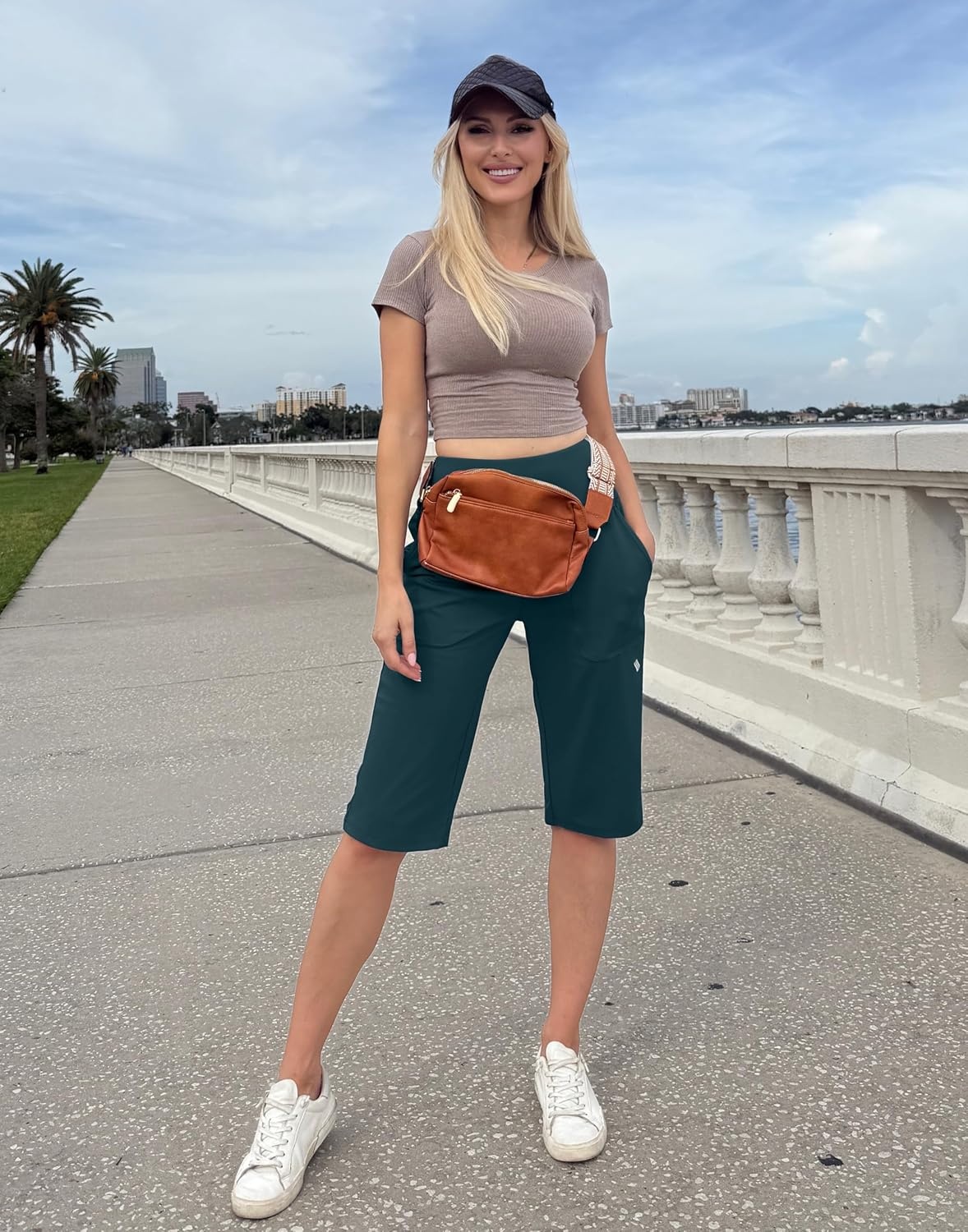 image:imageSANTINY 14 Shorts for Women Knee Length with Pockets High Waisted Stretch Long Bermuda Shorts for Summer Dressy CasualDark Blue