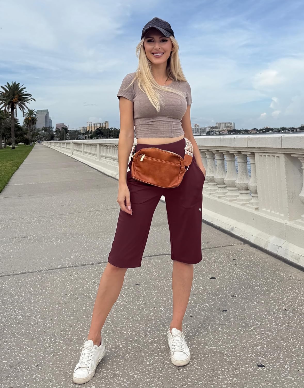 image:imageSANTINY 14 Shorts for Women Knee Length with Pockets High Waisted Stretch Long Bermuda Shorts for Summer Dressy CasualDark Red