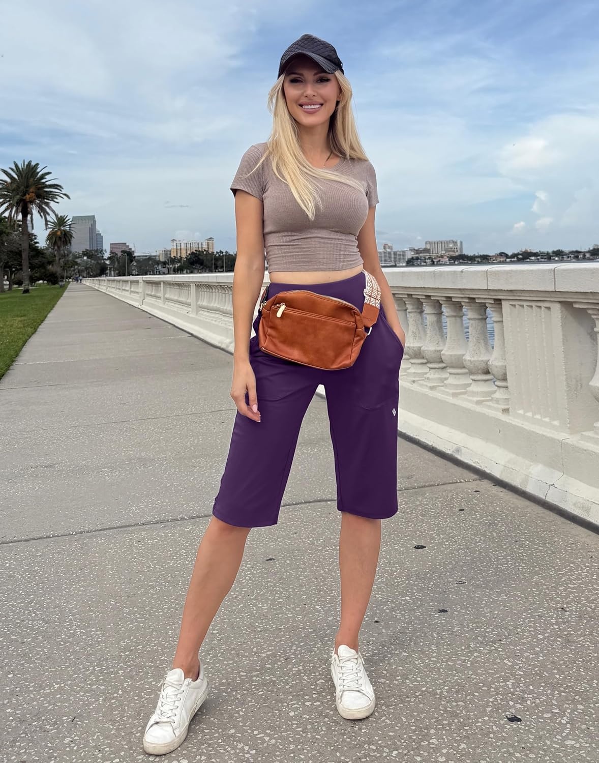 image:imageSANTINY 14 Shorts for Women Knee Length with Pockets High Waisted Stretch Long Bermuda Shorts for Summer Dressy CasualDeep Purple