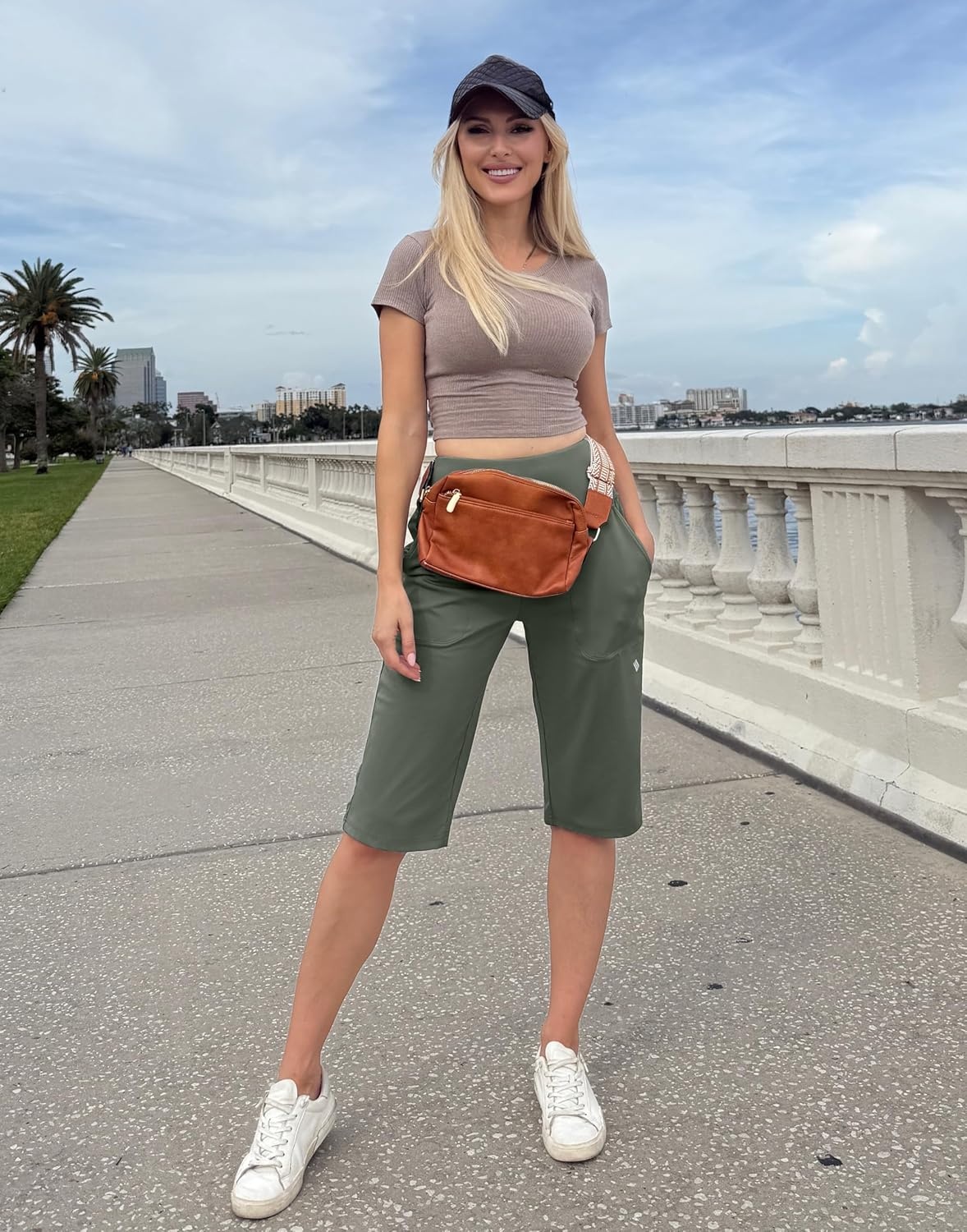 image:imageSANTINY 14 Shorts for Women Knee Length with Pockets High Waisted Stretch Long Bermuda Shorts for Summer Dressy CasualGrey Sage