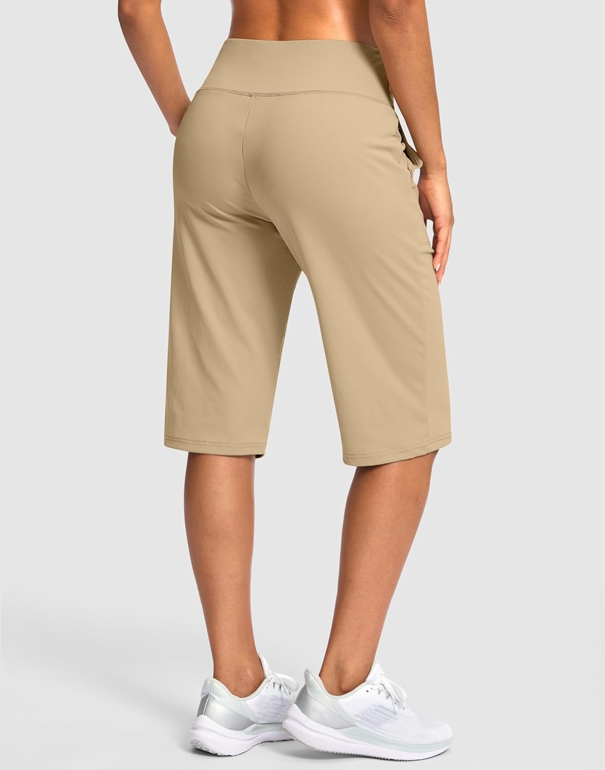 image:imageSANTINY 14 Shorts for Women Knee Length with Pockets High Waisted Stretch Long Bermuda Shorts for Summer Dressy CasualKhaki