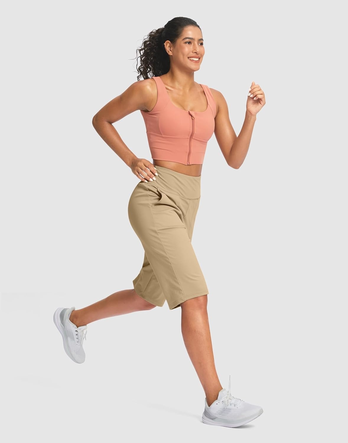 image:imageSANTINY 14 Shorts for Women Knee Length with Pockets High Waisted Stretch Long Bermuda Shorts for Summer Dressy CasualKhaki