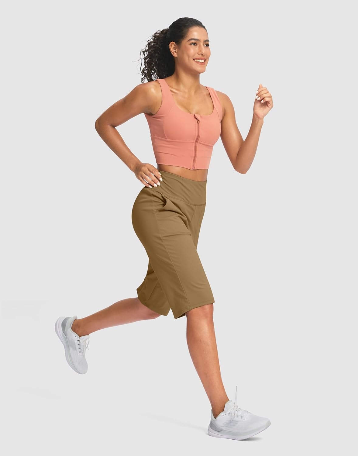 image:imageSANTINY 14 Shorts for Women Knee Length with Pockets High Waisted Stretch Long Bermuda Shorts for Summer Dressy CasualLight Coffee