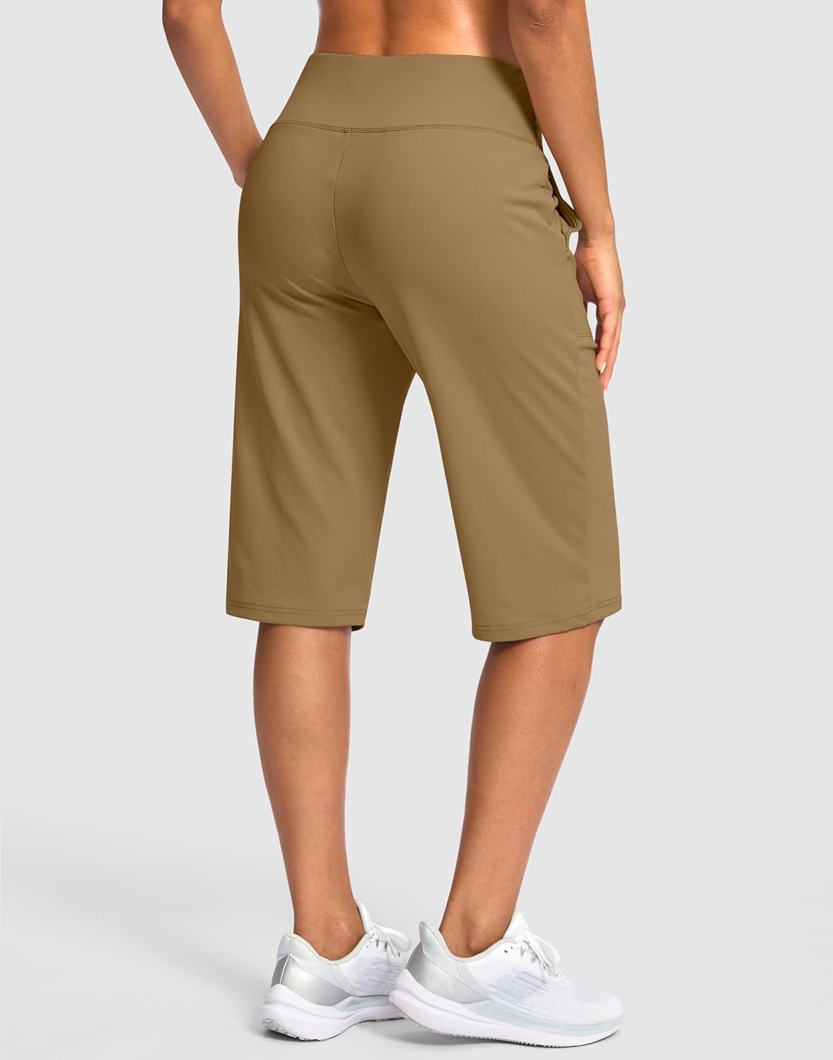 image:imageSANTINY 14 Shorts for Women Knee Length with Pockets High Waisted Stretch Long Bermuda Shorts for Summer Dressy CasualLight Coffee