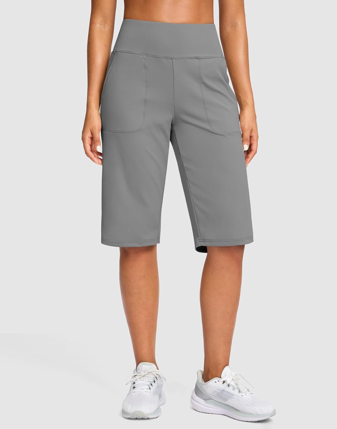 image:imageSANTINY 14 Shorts for Women Knee Length with Pockets High Waisted Stretch Long Bermuda Shorts for Summer Dressy CasualLight Grey