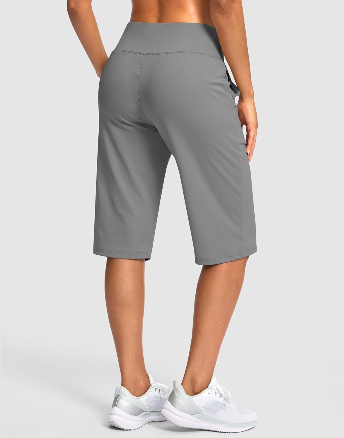 image:imageSANTINY 14 Shorts for Women Knee Length with Pockets High Waisted Stretch Long Bermuda Shorts for Summer Dressy CasualLight Grey