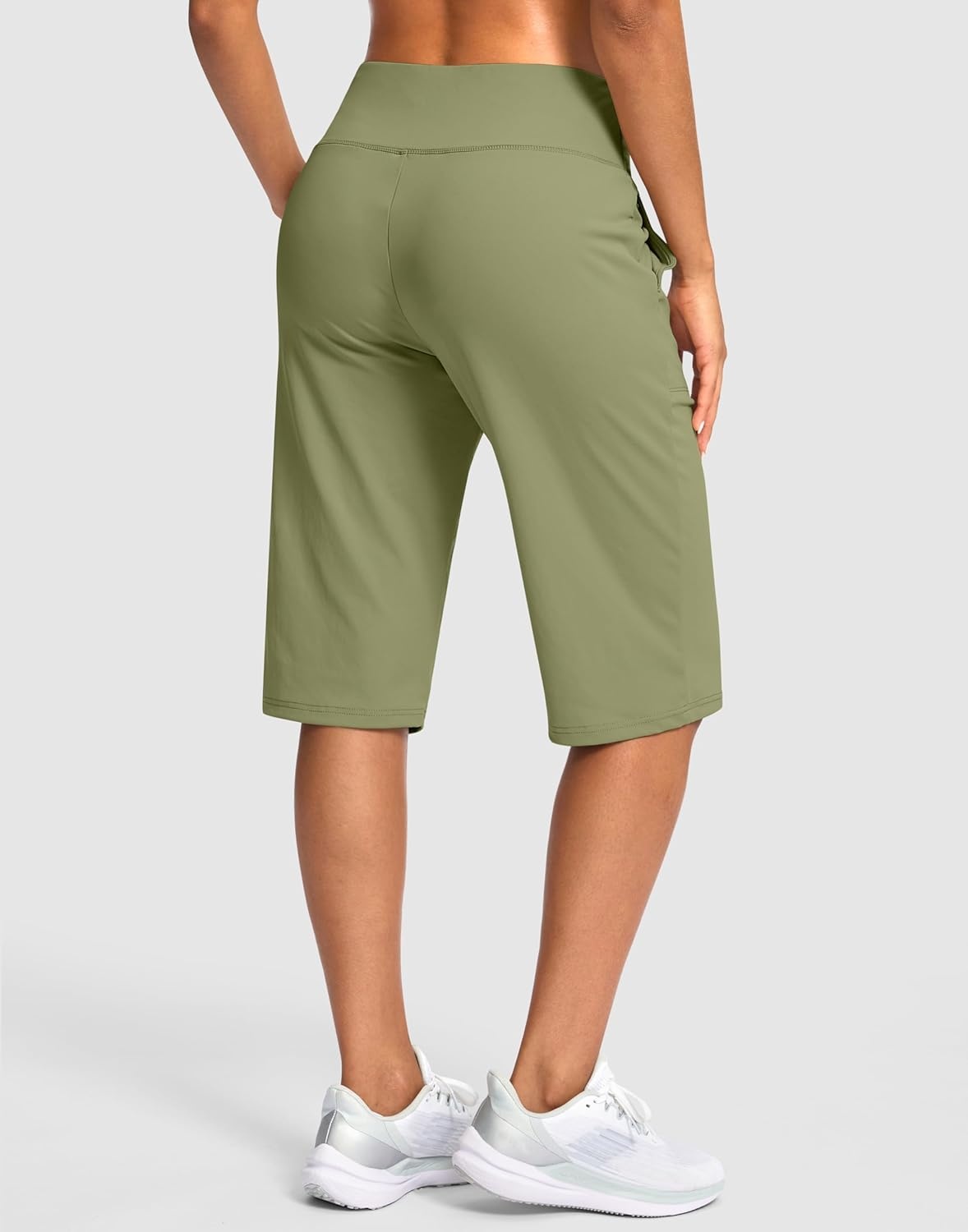 image:imageSANTINY 14 Shorts for Women Knee Length with Pockets High Waisted Stretch Long Bermuda Shorts for Summer Dressy CasualMoss Green