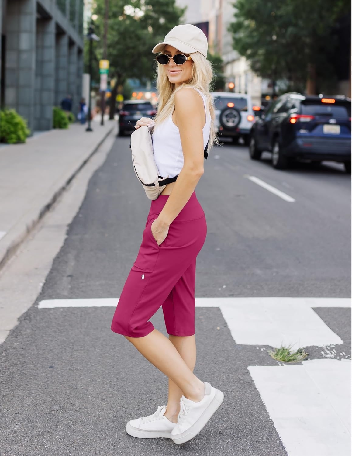 image:imageSANTINY 14 Shorts for Women Knee Length with Pockets High Waisted Stretch Long Bermuda Shorts for Summer Dressy CasualRose