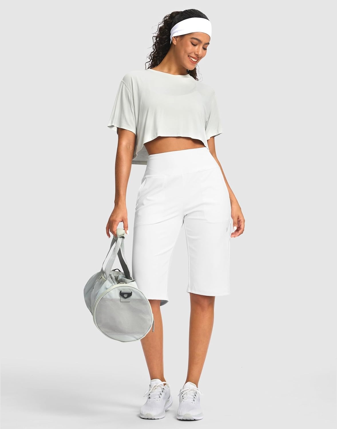 image:imageSANTINY 14 Shorts for Women Knee Length with Pockets High Waisted Stretch Long Bermuda Shorts for Summer Dressy CasualWhite