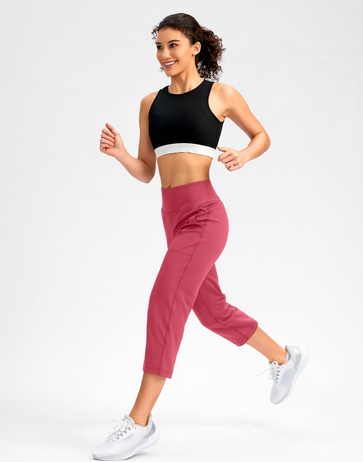 image:imageSANTINY Capri Pants for Women High Waisted Workout Yoga Capris Leggings Straight Leg Athletic Cropped Pants with PocketsBerry Rose