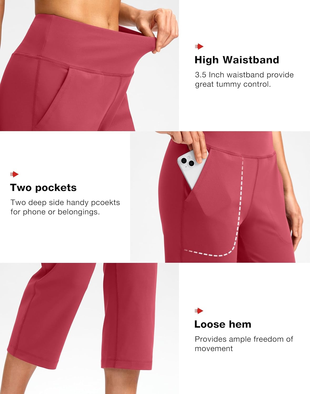 image:imageSANTINY Capri Pants for Women High Waisted Workout Yoga Capris Leggings Straight Leg Athletic Cropped Pants with PocketsBerry Rose