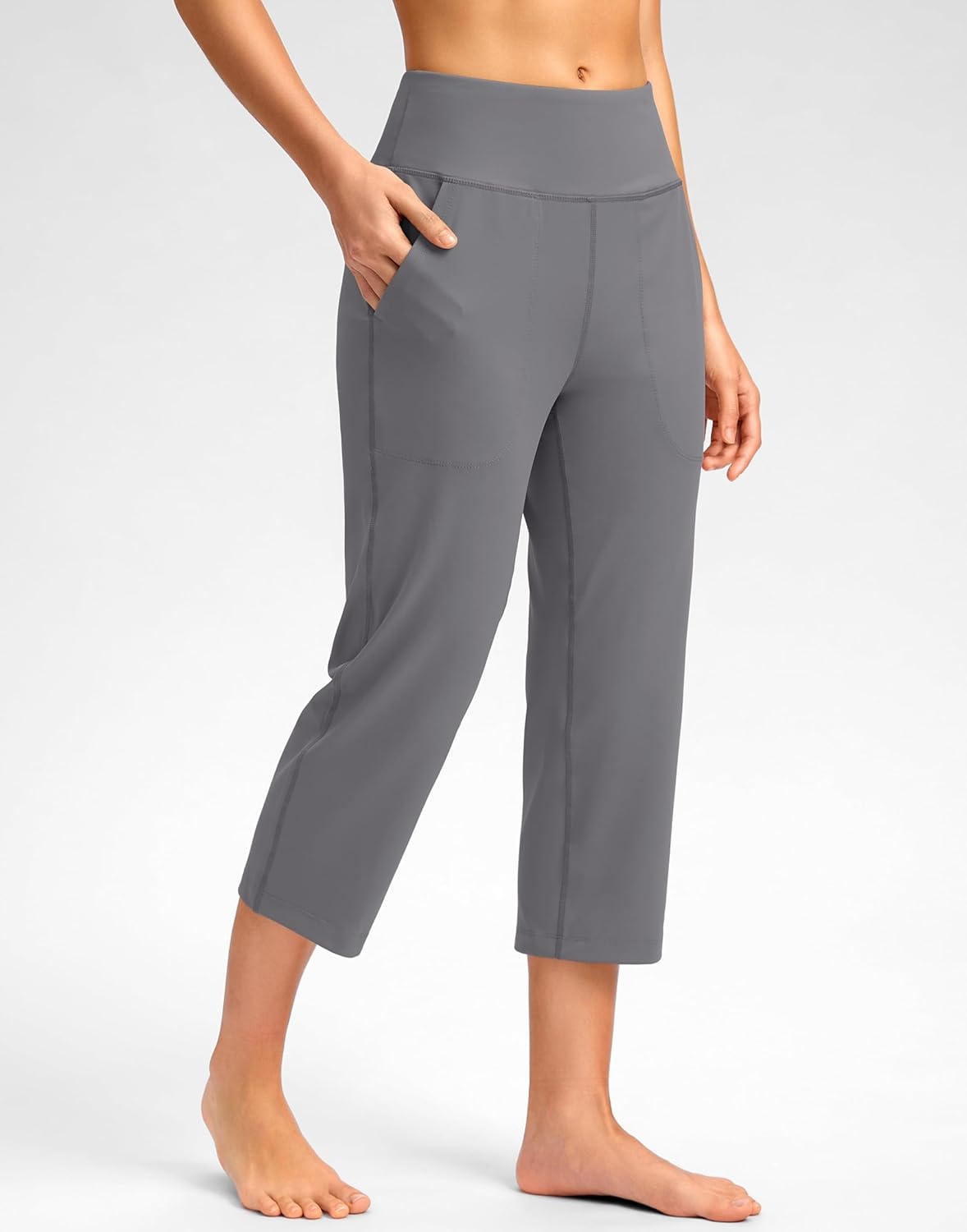 image:imageSANTINY Capri Pants for Women High Waisted Workout Yoga Capris Leggings Straight Leg Athletic Cropped Pants with PocketsGrey