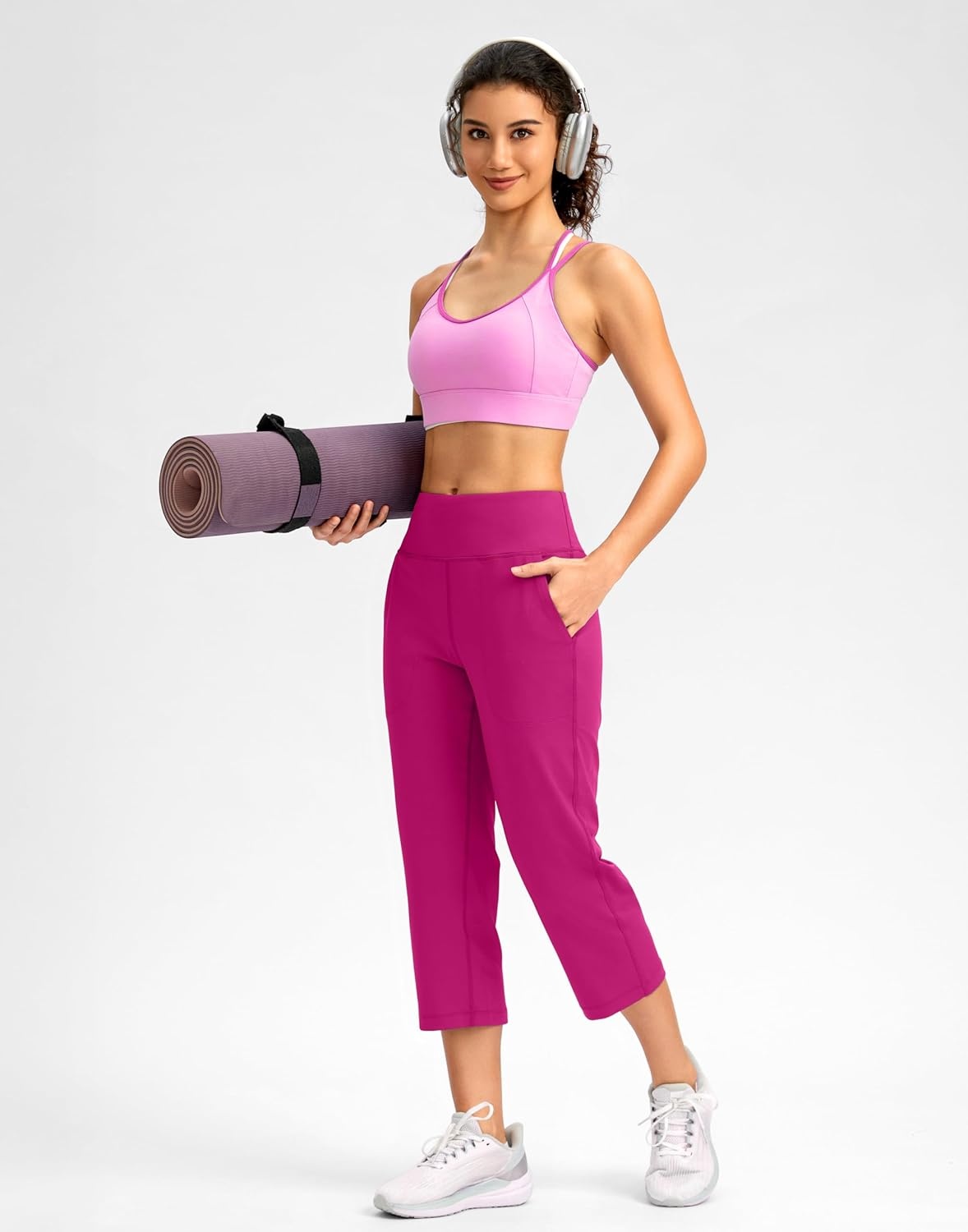image:imageSANTINY Capri Pants for Women High Waisted Workout Yoga Capris Leggings Straight Leg Athletic Cropped Pants with PocketsRosy