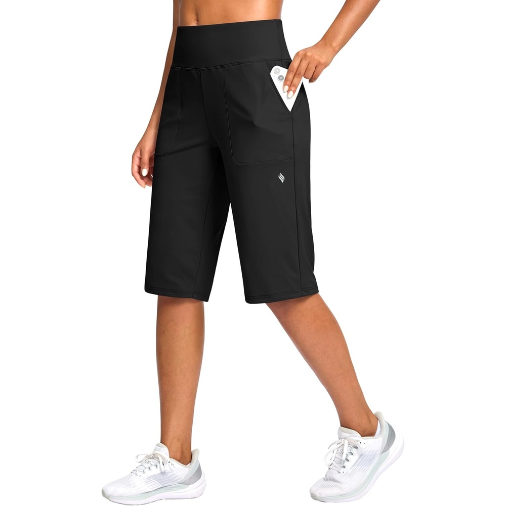 image:imageSANTINY 14 Shorts for Women Knee Length with Pockets High Waisted Stretch Long Bermuda Shorts for Summer Dressy CasualBlack