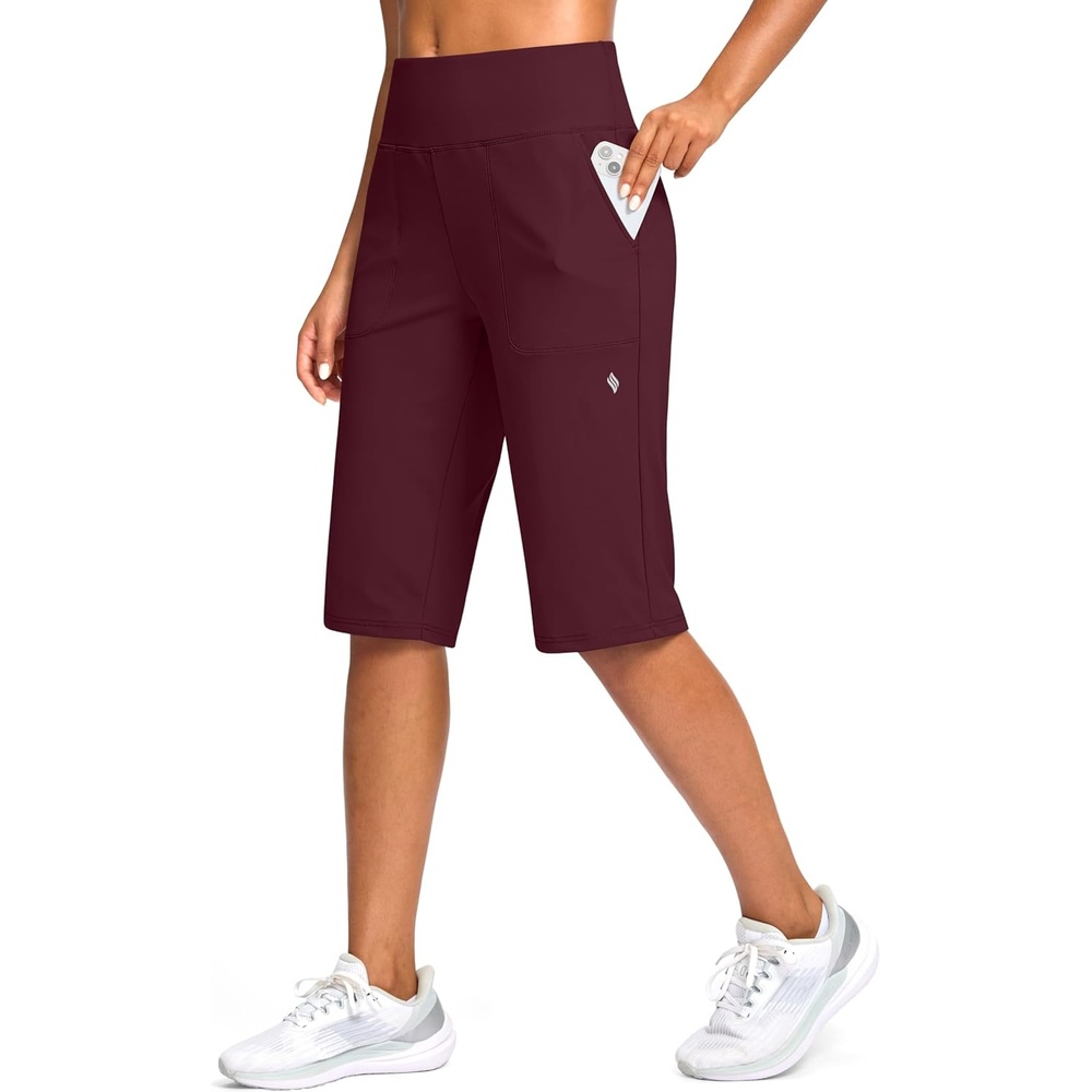 image:imageSANTINY 14 Shorts for Women Knee Length with Pockets High Waisted Stretch Long Bermuda Shorts for Summer Dressy CasualDark Red