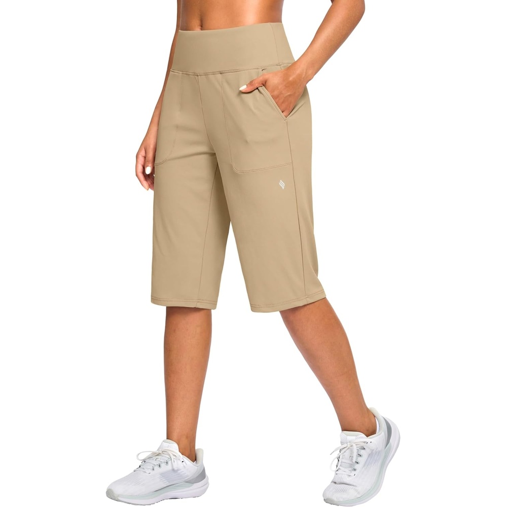image:imageSANTINY 14 Shorts for Women Knee Length with Pockets High Waisted Stretch Long Bermuda Shorts for Summer Dressy CasualKhaki