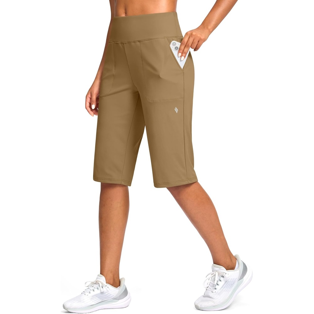 image:imageSANTINY 14 Shorts for Women Knee Length with Pockets High Waisted Stretch Long Bermuda Shorts for Summer Dressy CasualLight Coffee