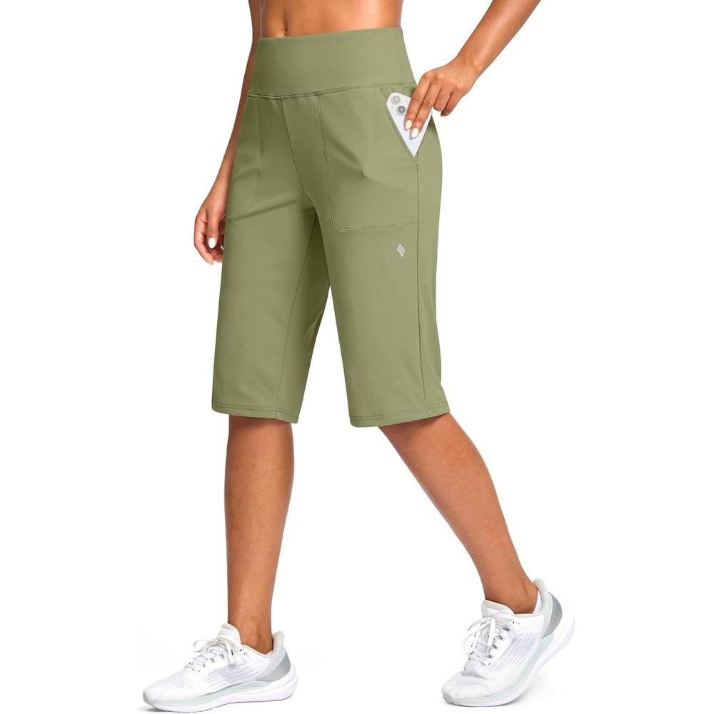 image:imageSANTINY 14 Shorts for Women Knee Length with Pockets High Waisted Stretch Long Bermuda Shorts for Summer Dressy CasualMoss Green
