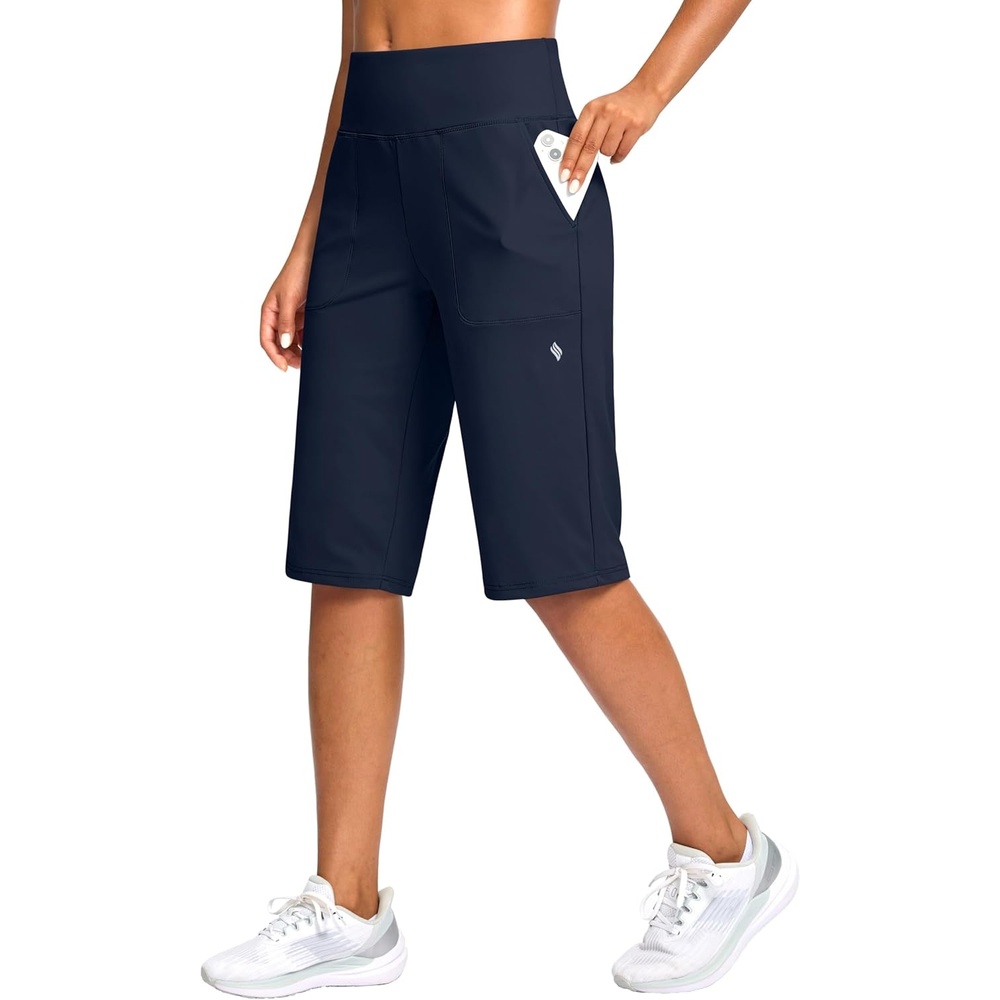 image:imageSANTINY 14 Shorts for Women Knee Length with Pockets High Waisted Stretch Long Bermuda Shorts for Summer Dressy CasualNavy