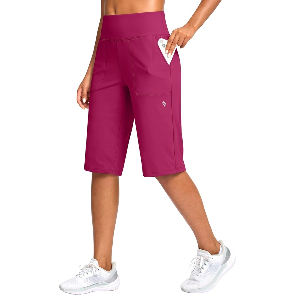 image:imageSANTINY 14 Shorts for Women Knee Length with Pockets High Waisted Stretch Long Bermuda Shorts for Summer Dressy CasualRose