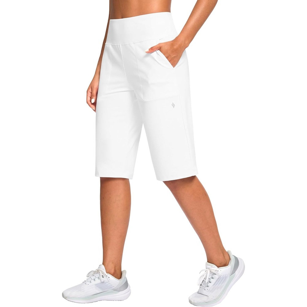 image:imageSANTINY 14 Shorts for Women Knee Length with Pockets High Waisted Stretch Long Bermuda Shorts for Summer Dressy CasualWhite