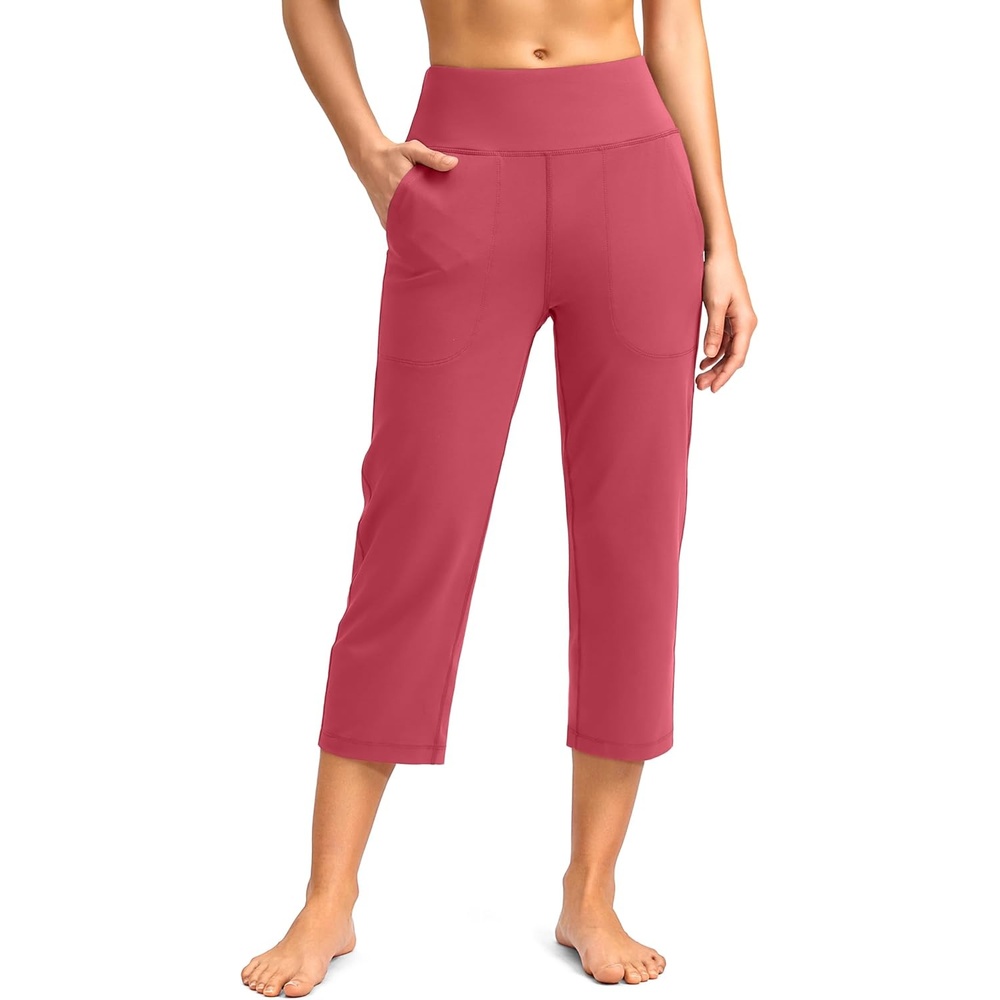 image:imageSANTINY Capri Pants for Women High Waisted Workout Yoga Capris Leggings Straight Leg Athletic Cropped Pants with PocketsBerry Rose