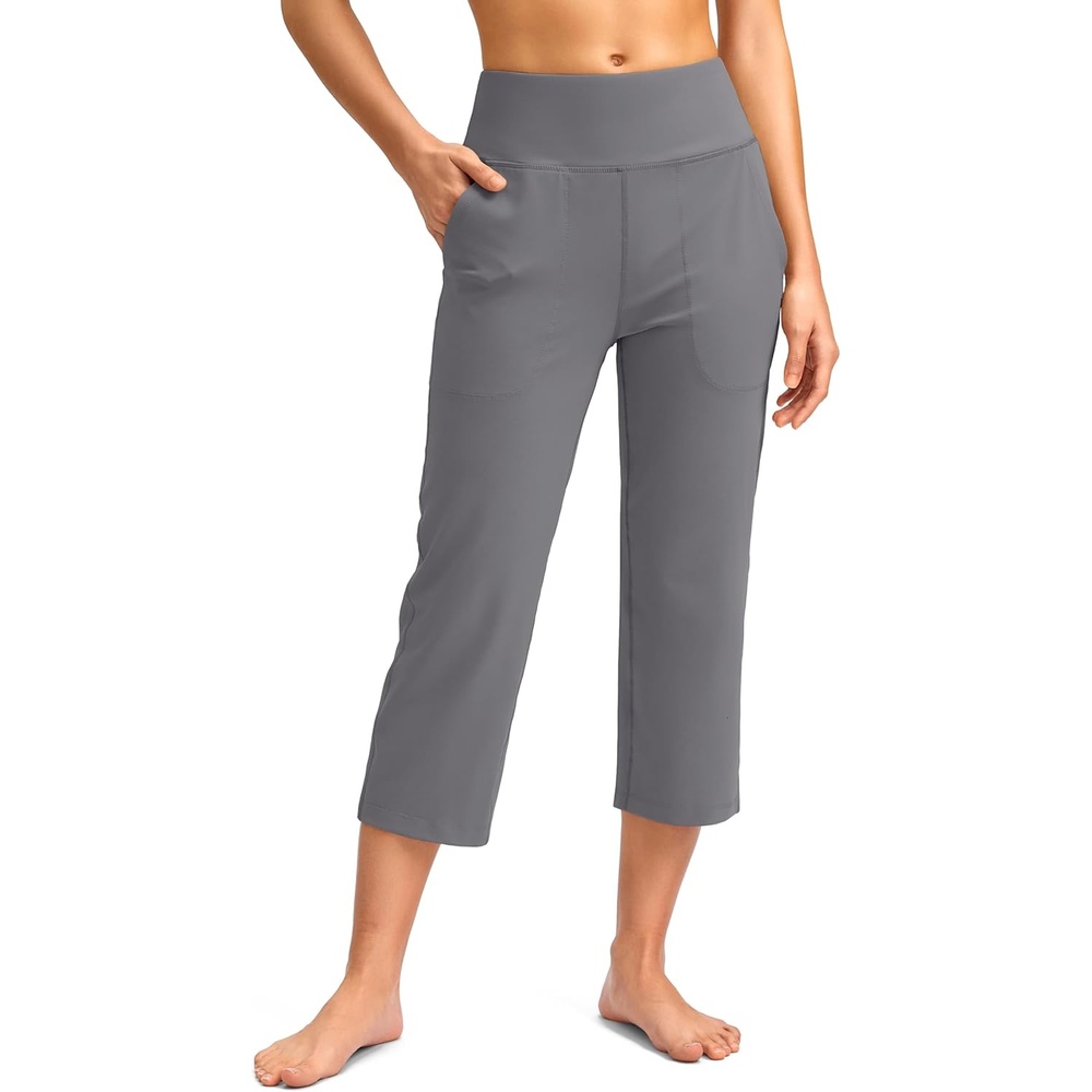image:imageSANTINY Capri Pants for Women High Waisted Workout Yoga Capris Leggings Straight Leg Athletic Cropped Pants with PocketsGrey