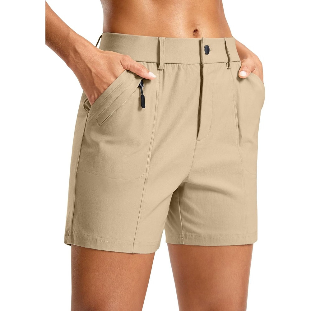 image:imageSANTINY Womens 57 Hiking Golf Shorts Quick Dry Stretch Casual Work Shorts with Pockets for Women Walking Travel SummerKhaki