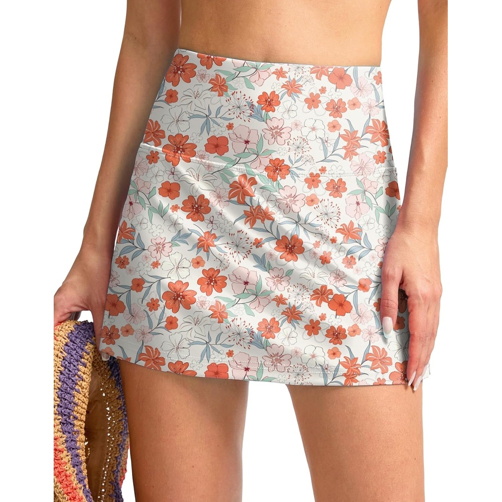 image:imageSANTINY Womens High Waisted Swim Skirt with Pocket Tummy Control Tankini Swimsuit Bathing Suit Bottoms for WomenOrange Flower