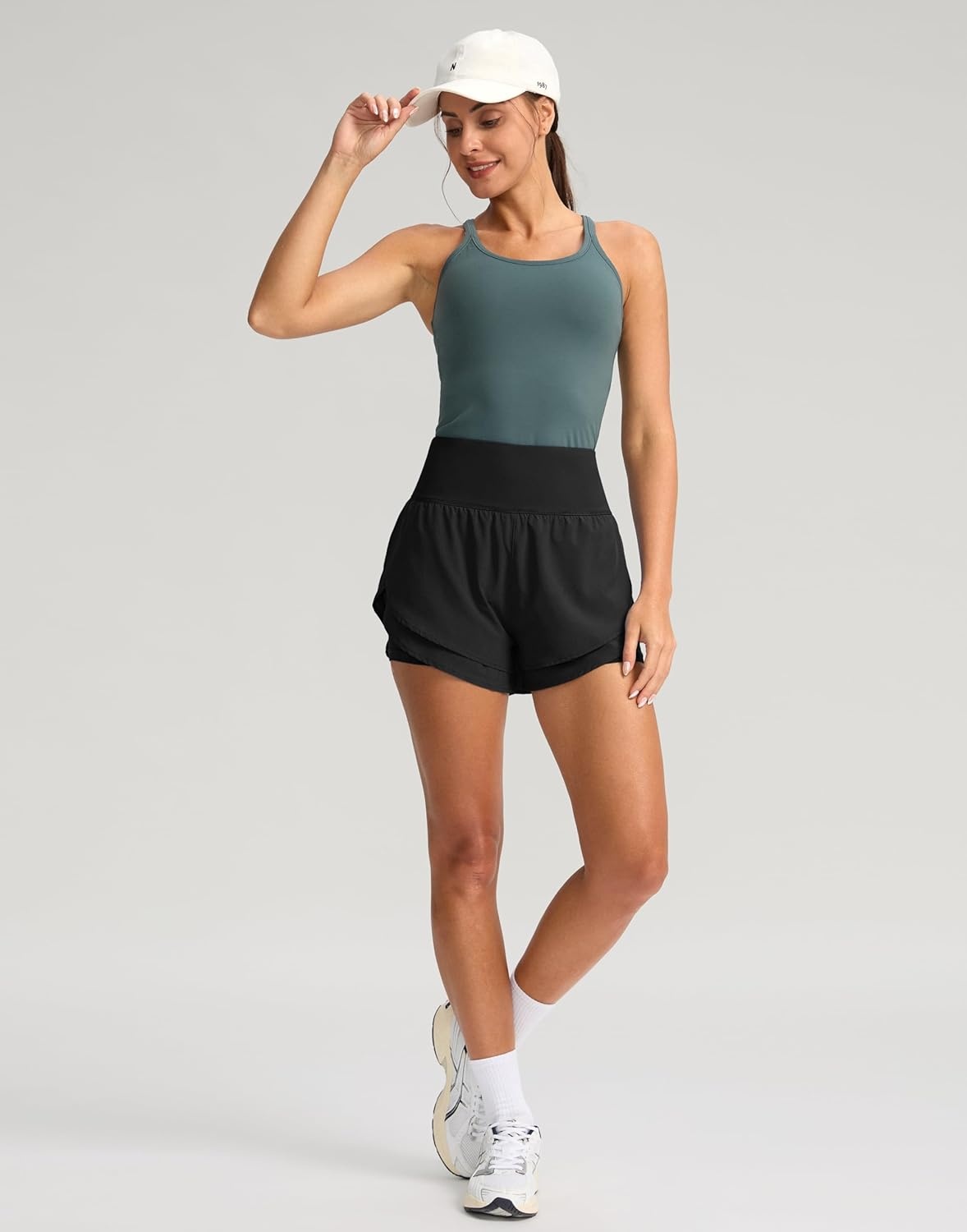 image:imageSANTINY Womens 2 in 1 Running Shorts with Pockets 3 High Waisted Exercise Workout Athletic Shorts for Women with LinerBlack