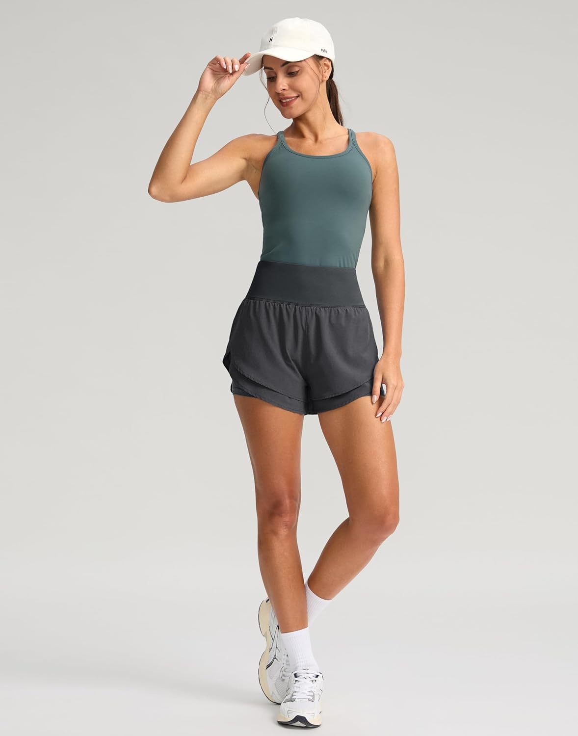 image:imageSANTINY Womens 2 in 1 Running Shorts with Pockets 3 High Waisted Exercise Workout Athletic Shorts for Women with LinerDark Grey
