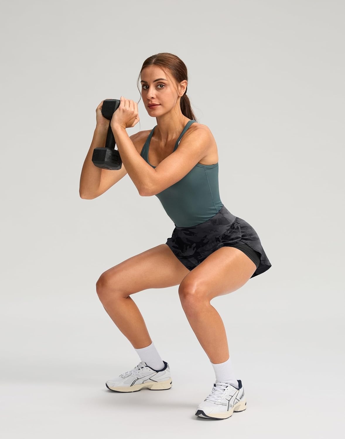 image:imageSANTINY Womens 2 in 1 Running Shorts with Pockets 3 High Waisted Exercise Workout Athletic Shorts for Women with LinerGrey Camo